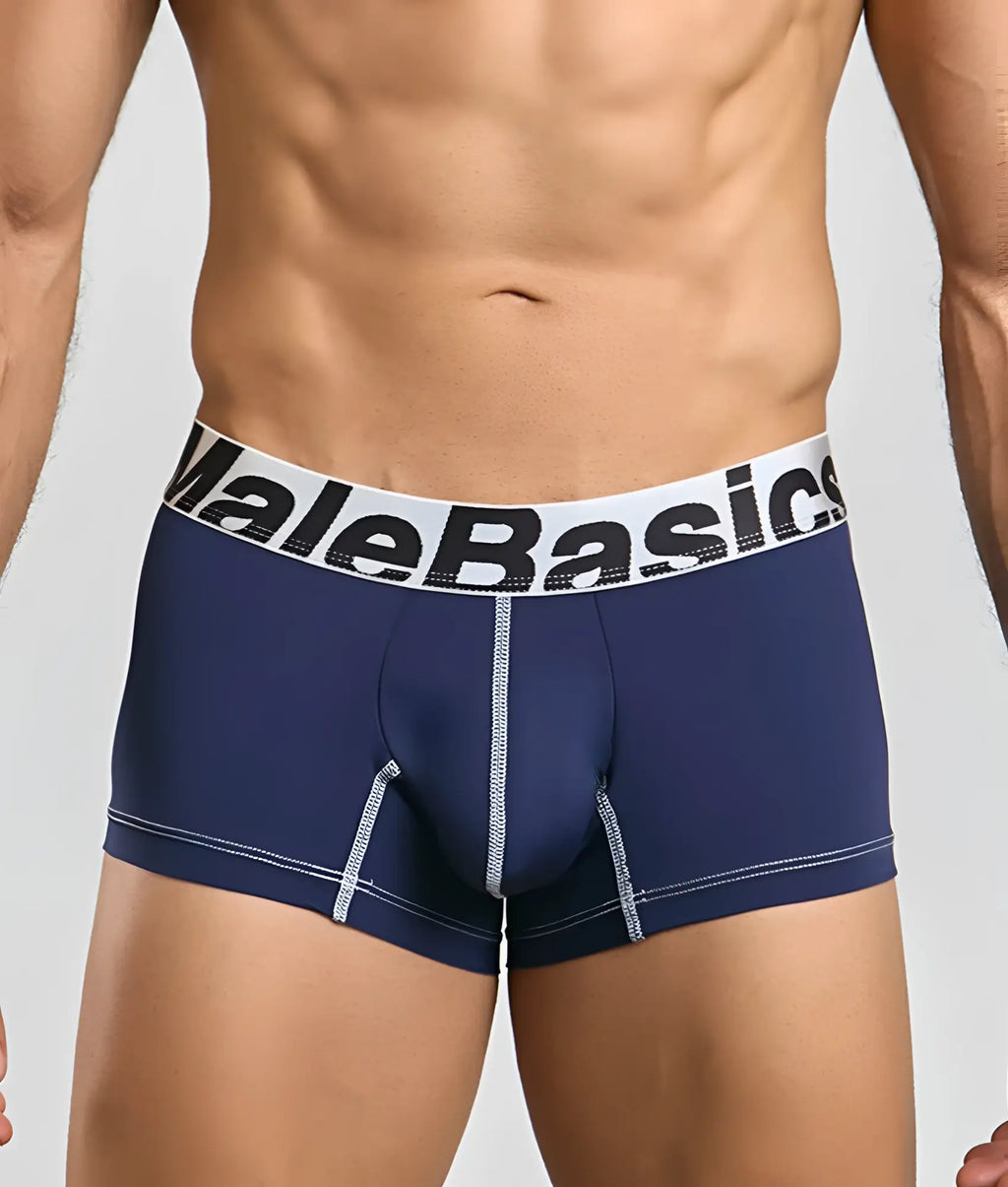 Navy blue malebasics microfiber boxer briefs with white waistband black lettering and silver stitching