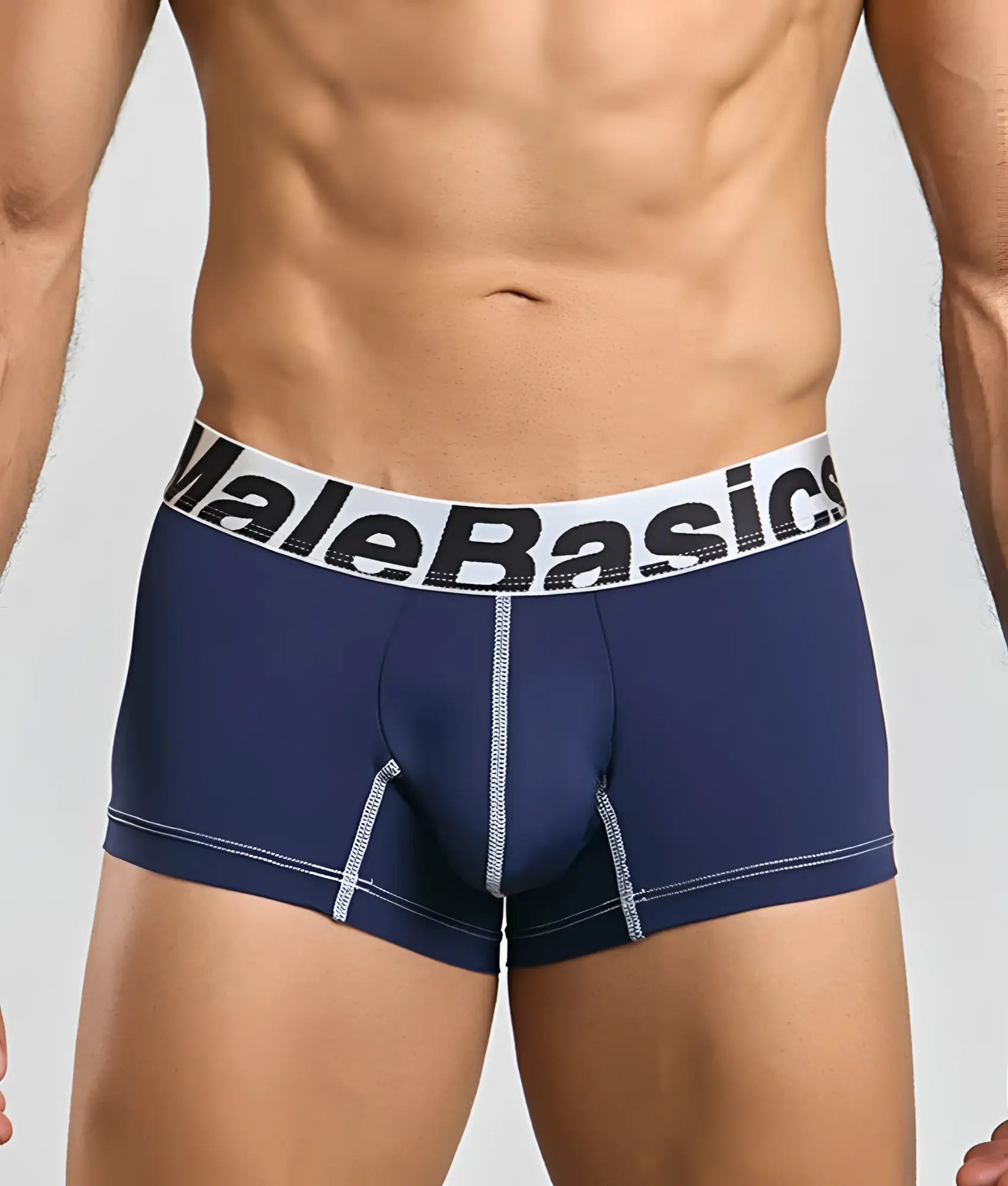 Navy blue malebasics microfiber boxer briefs with white waistband black lettering and silver stitching