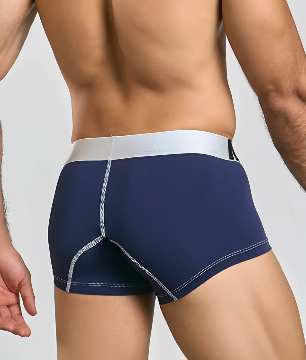 MaleBasics microfiber navy blue boxer briefs with white elastic waistband and light gray stitching along seams