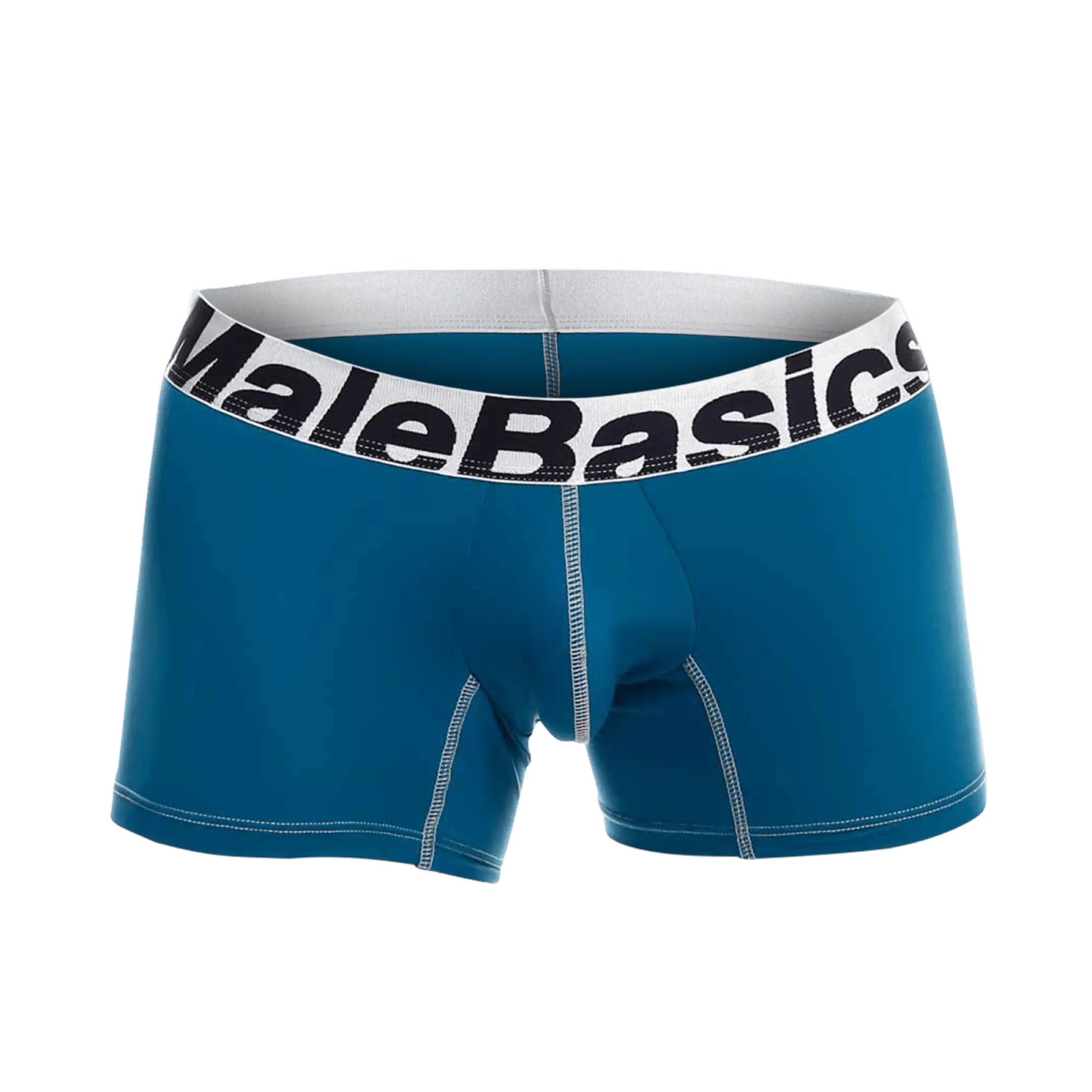 Teal malebasics microfiber boxer briefs with white waistband black lettering and contrasting stitching front view