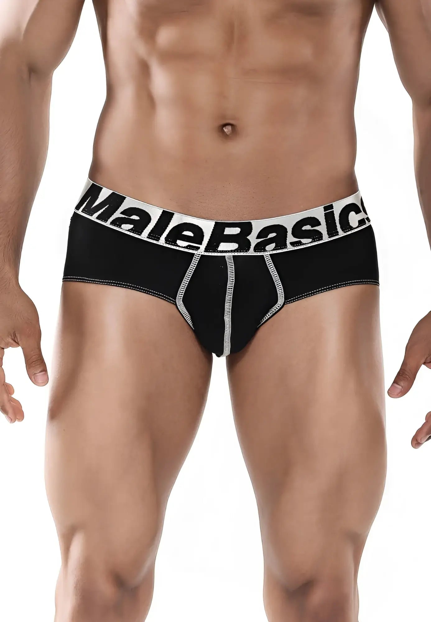Black male basics microfiber briefs with white elastic waistband and silver stitching details visible from front side