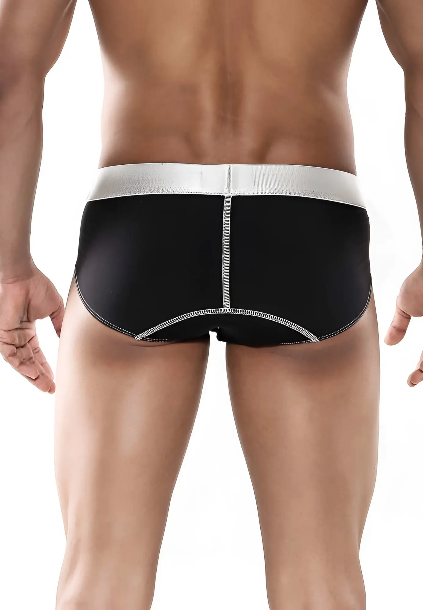 Black microfiber malebasics briefs with silver waistband and matching stitching details visible from the front