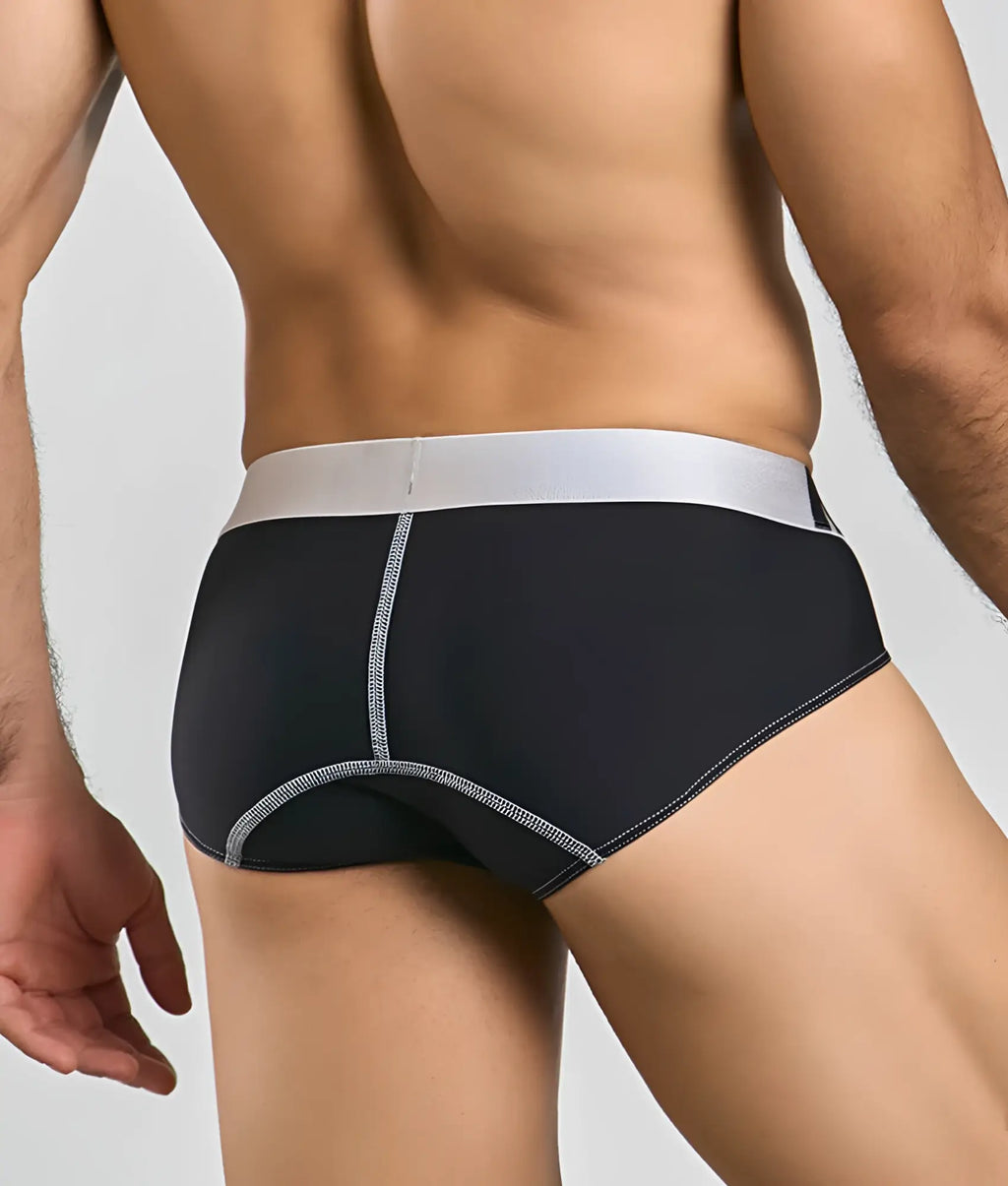 Black microfiber briefs with silver waistband and matching stitching details from malebasics microfiber brief collection