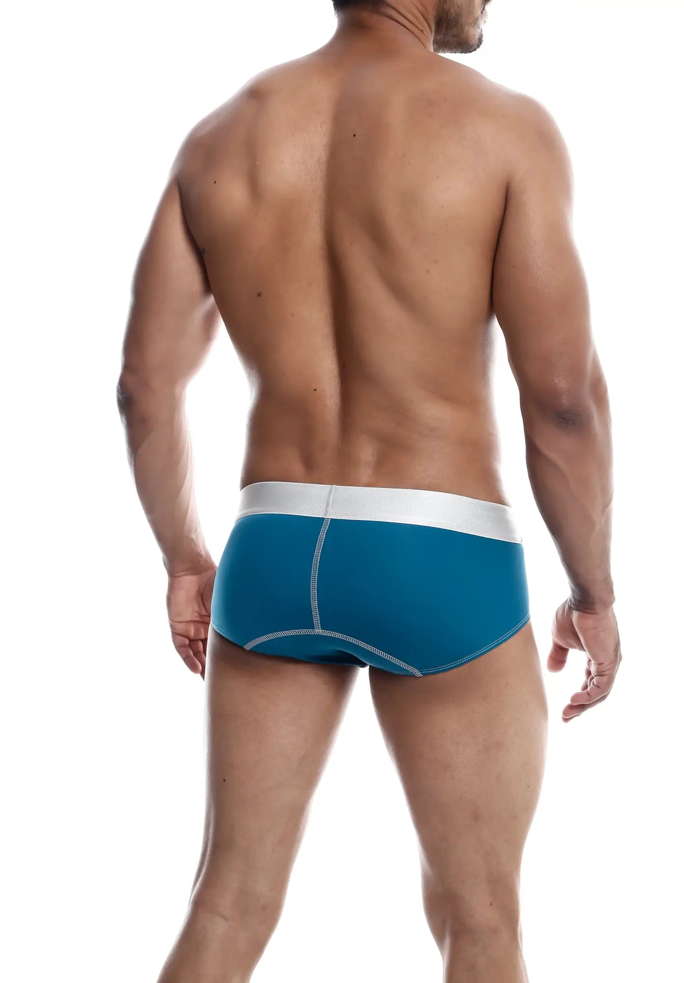 Blue microfiber athletic briefs by malebasics with white waistband and contrasting stitching front view