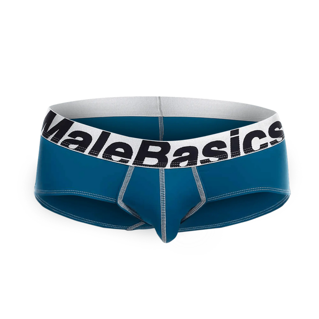 Malebasics microfiber briefs in blue with a white waistband featuring black lettering and silver stitching