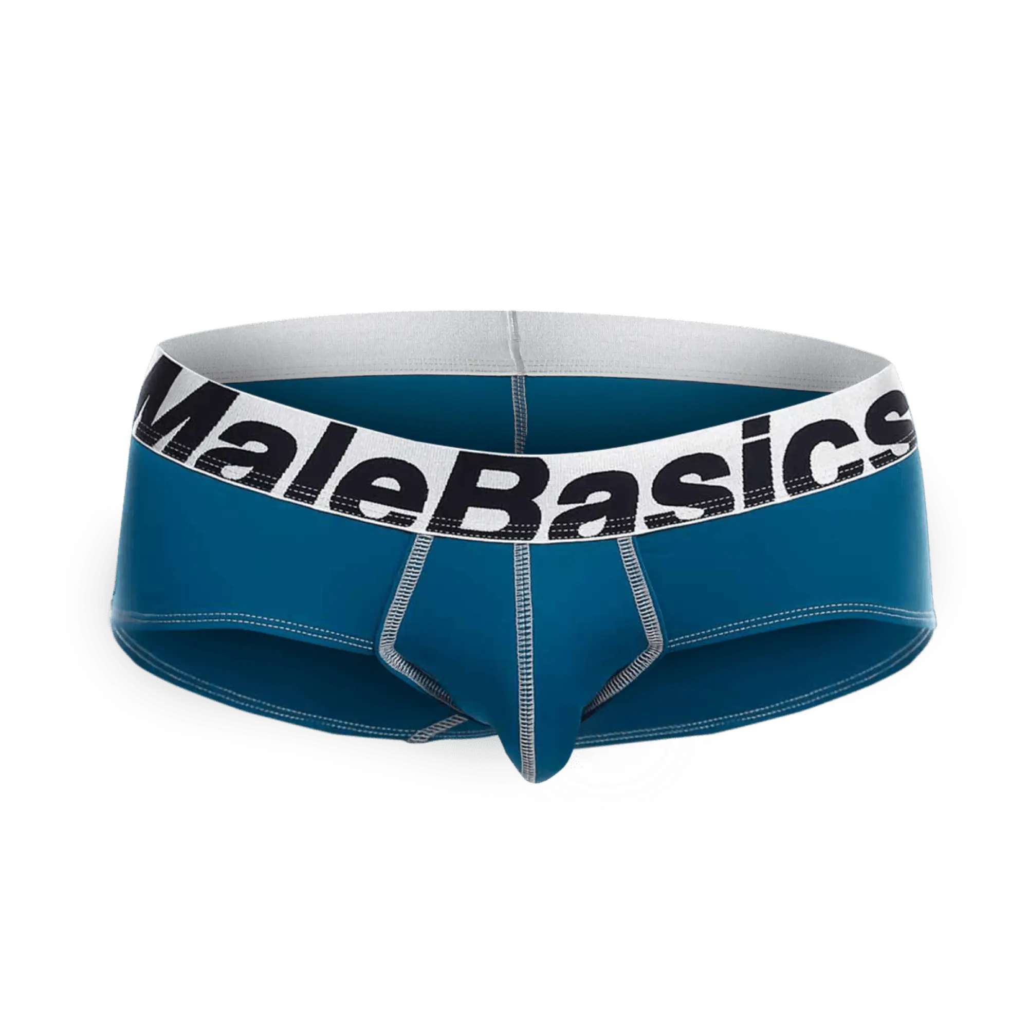Blue malebasics microfiber briefs with white waistband black lettering and silver stitching front view