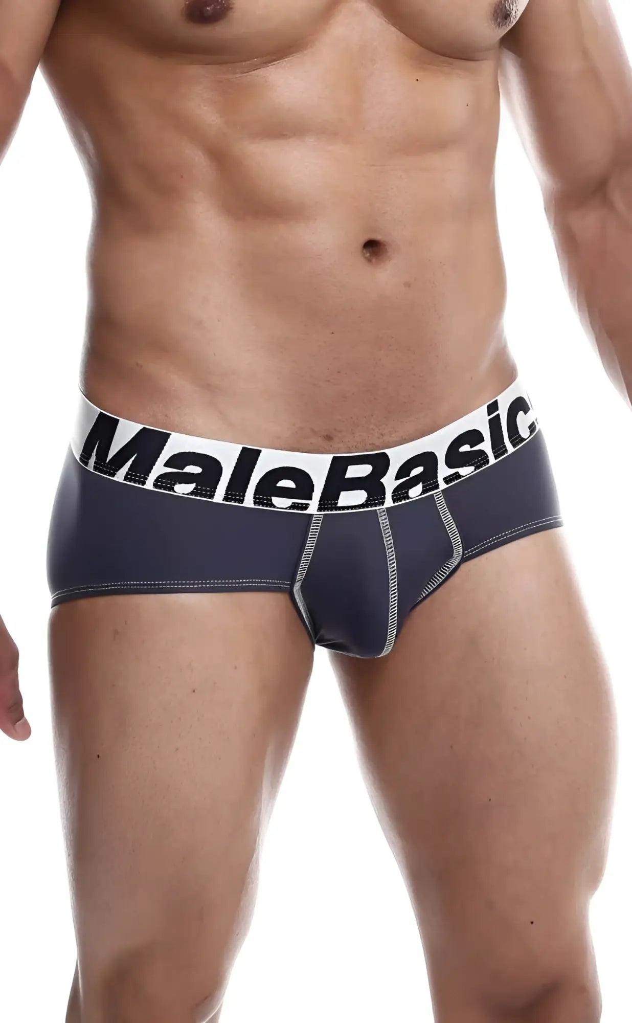 Dark gray malebasic microfiber briefs with white waistband bold black lettering and silver stitching along seams