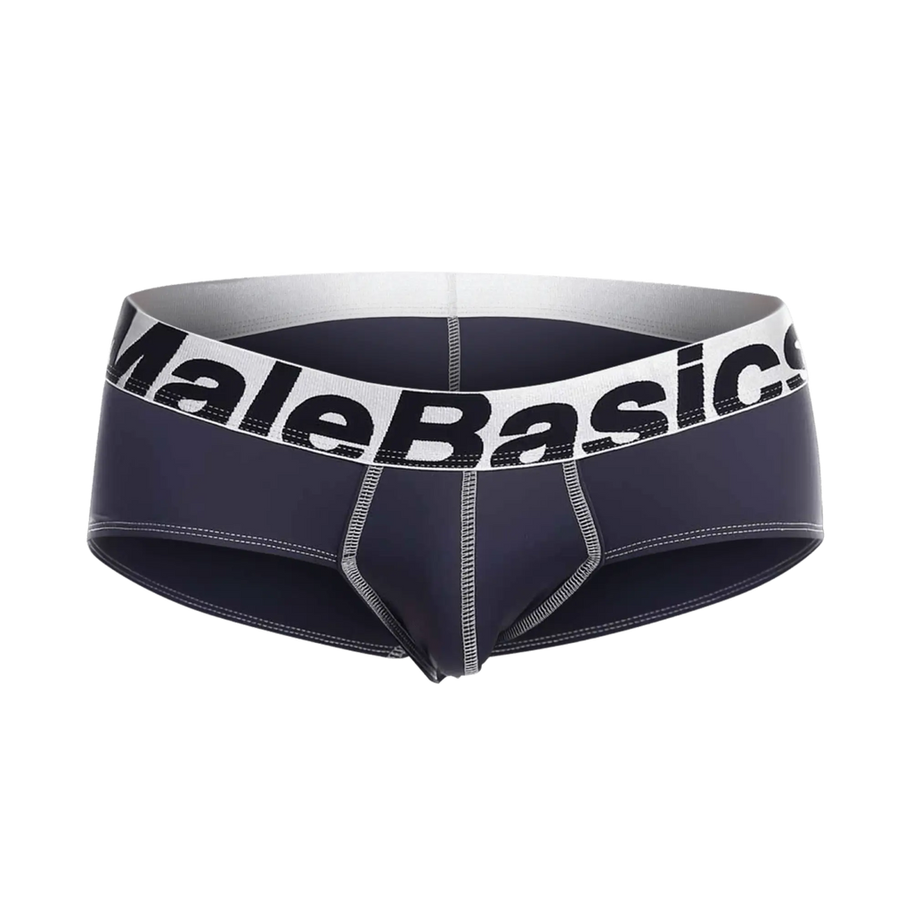Dark navy blue malebasics microfiber briefs with white elastic waistband black lettering and silver stitching