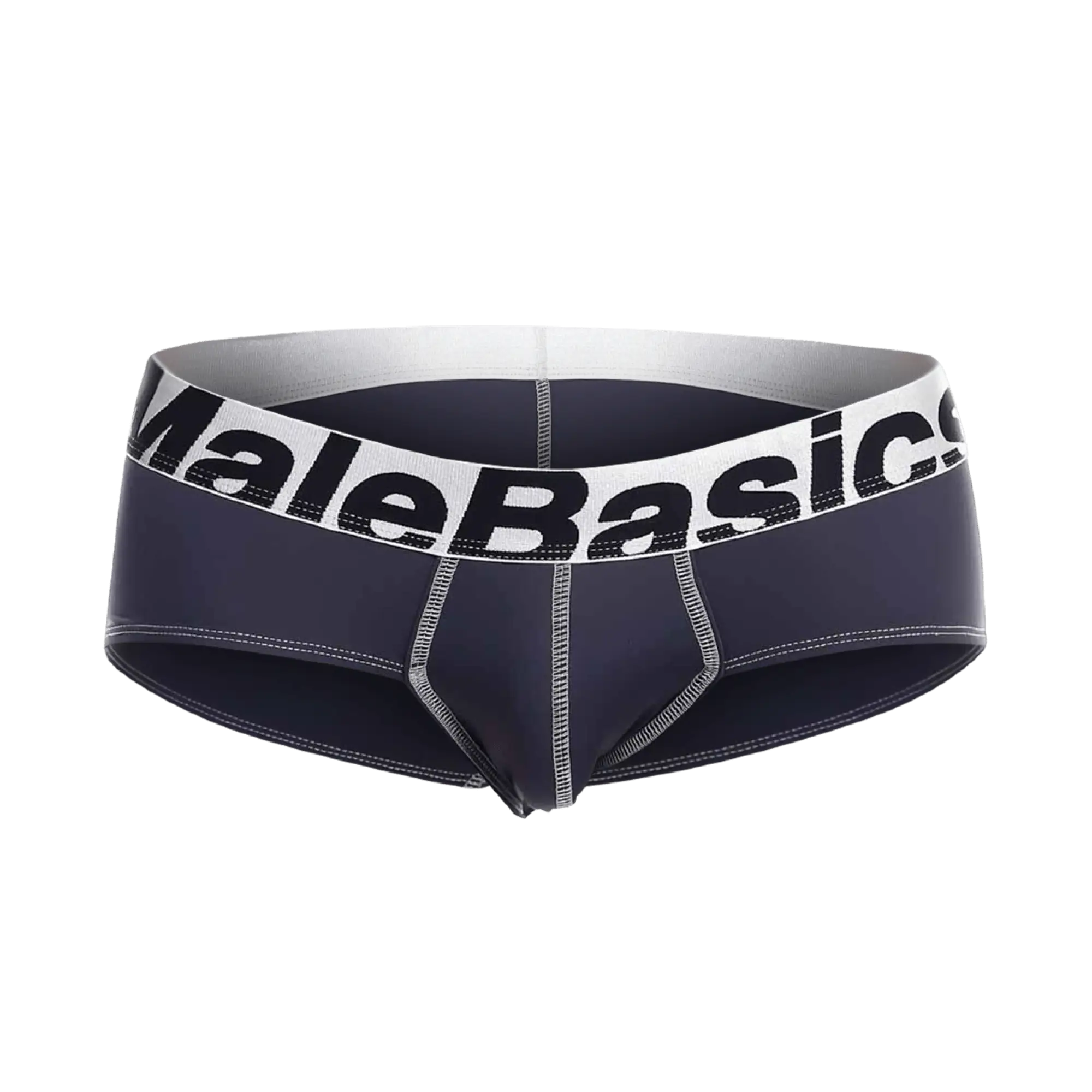 MaleBasics microfiber brief in dark navy blue with white waistband, black lettering, and silver contrast stitching