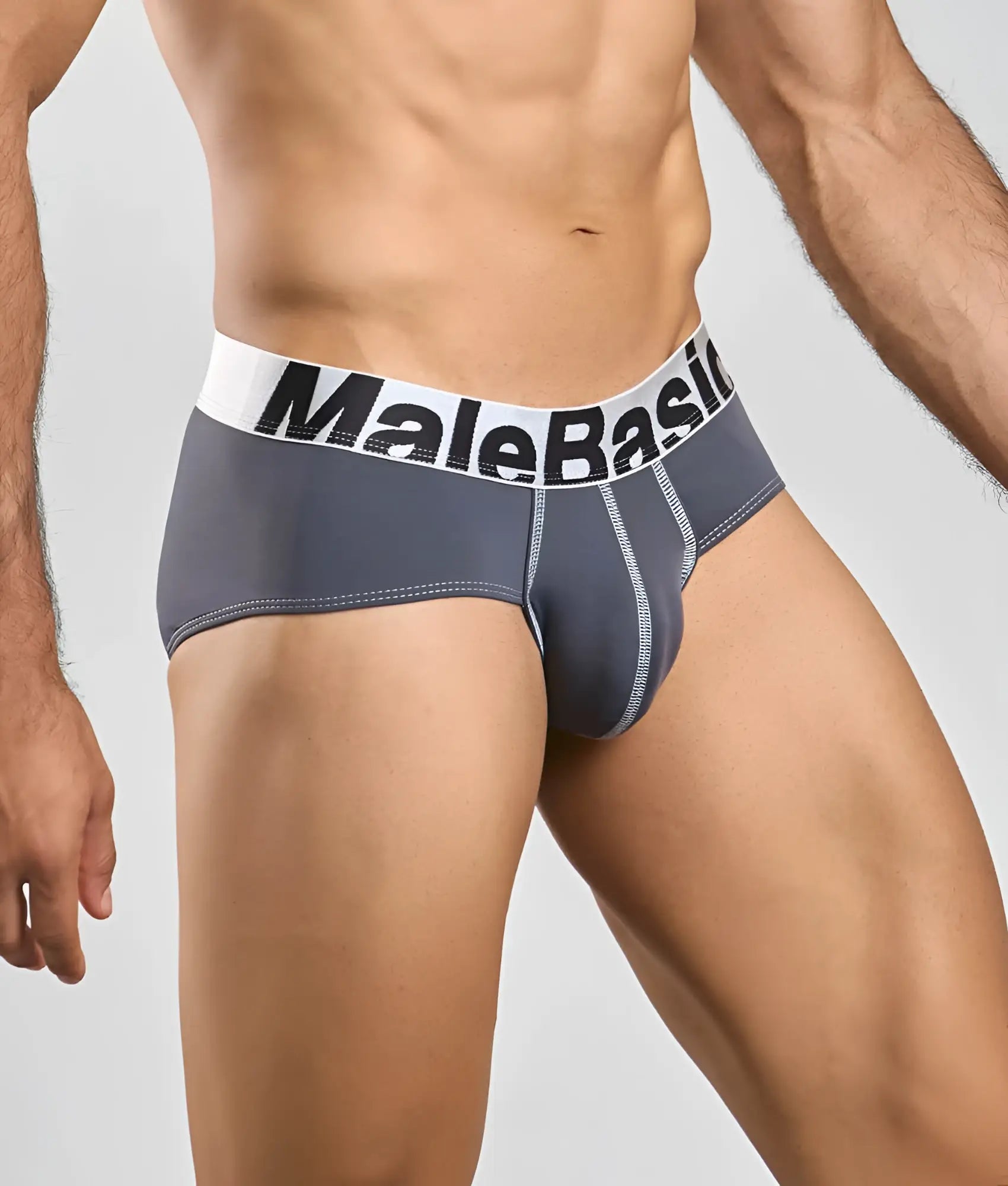 Gray malebasic microfiber briefs with white waistband featuring black lettering for comfortable daily wear
