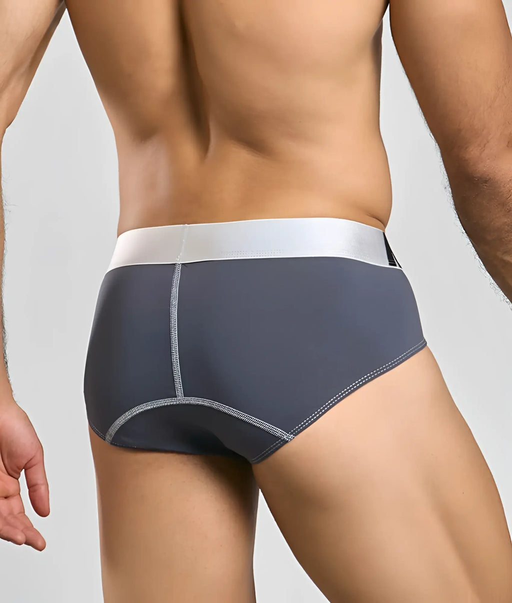 Gray men’s microfiber briefs with contrasting white waistband and subtle gray stitching from malebasics