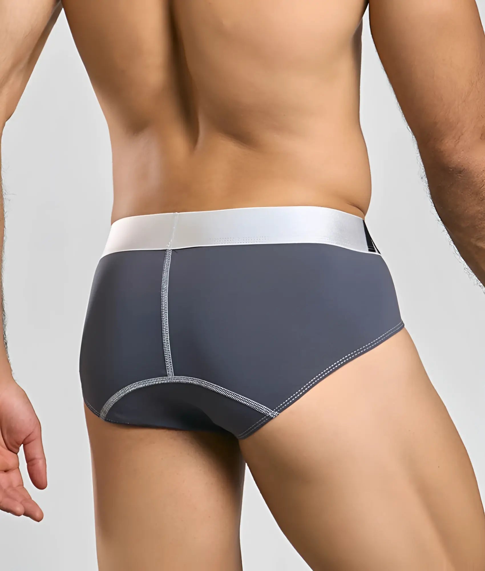 Gray men’s microfiber briefs with contrasting white waistband and subtle gray stitching from malebasics