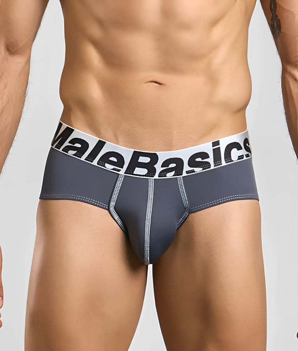 MaleBasics microfiber brief in gray with a white waistband featuring black lettering and subtle gray seam stitching