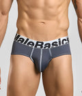 MaleBasics microfiber brief in gray with a white waistband featuring black lettering and subtle gray seam stitching