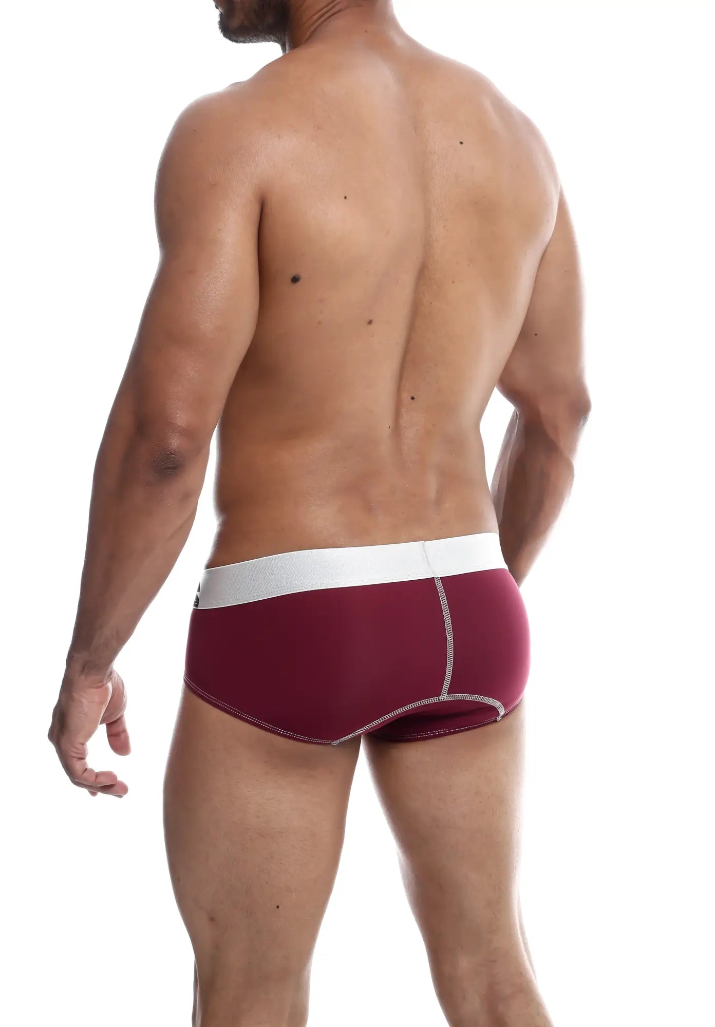 Maroon maleBasics microfiber athletic briefs with white waistband and contrasting stitching for active wear