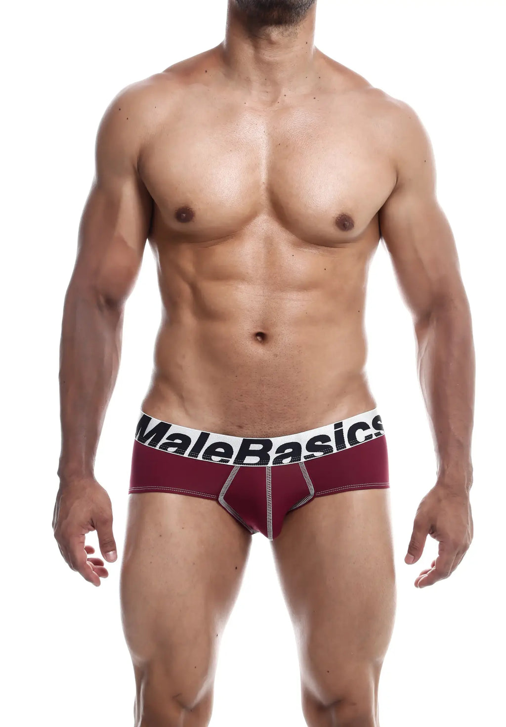 Malebasics microfiber briefs in maroon with a white waistband featuring black lettering and subtle silver stitching