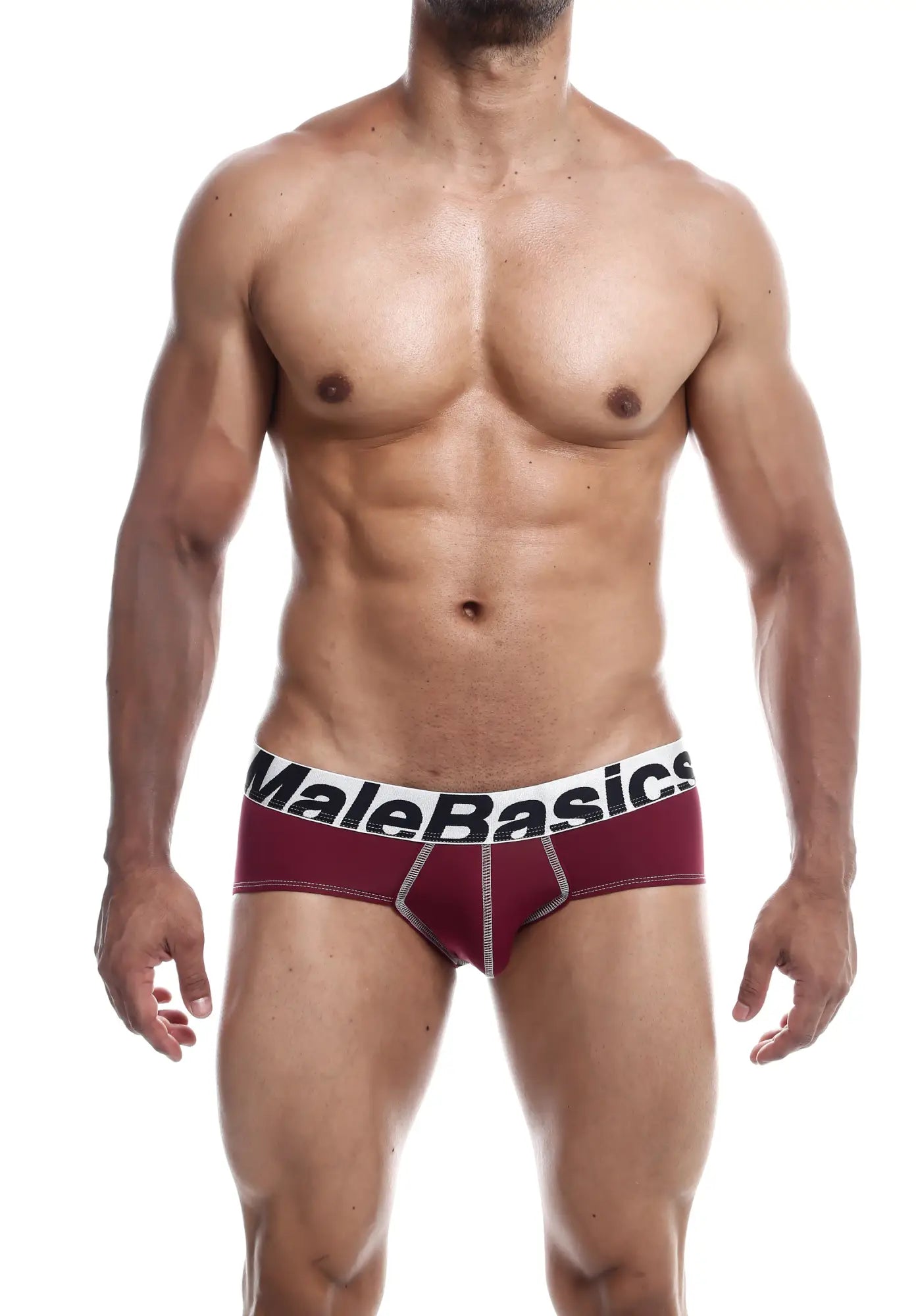 Malebasics microfiber briefs in maroon with a white waistband featuring black lettering and subtle silver stitching