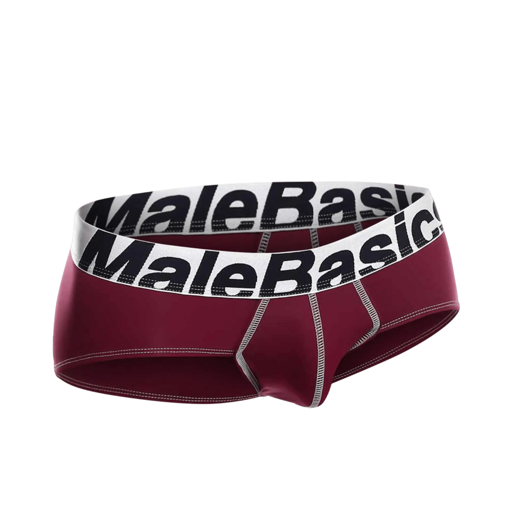Maroon MaleBasics microfiber brief with white waistband black lettering and silver stitching along the seams front view