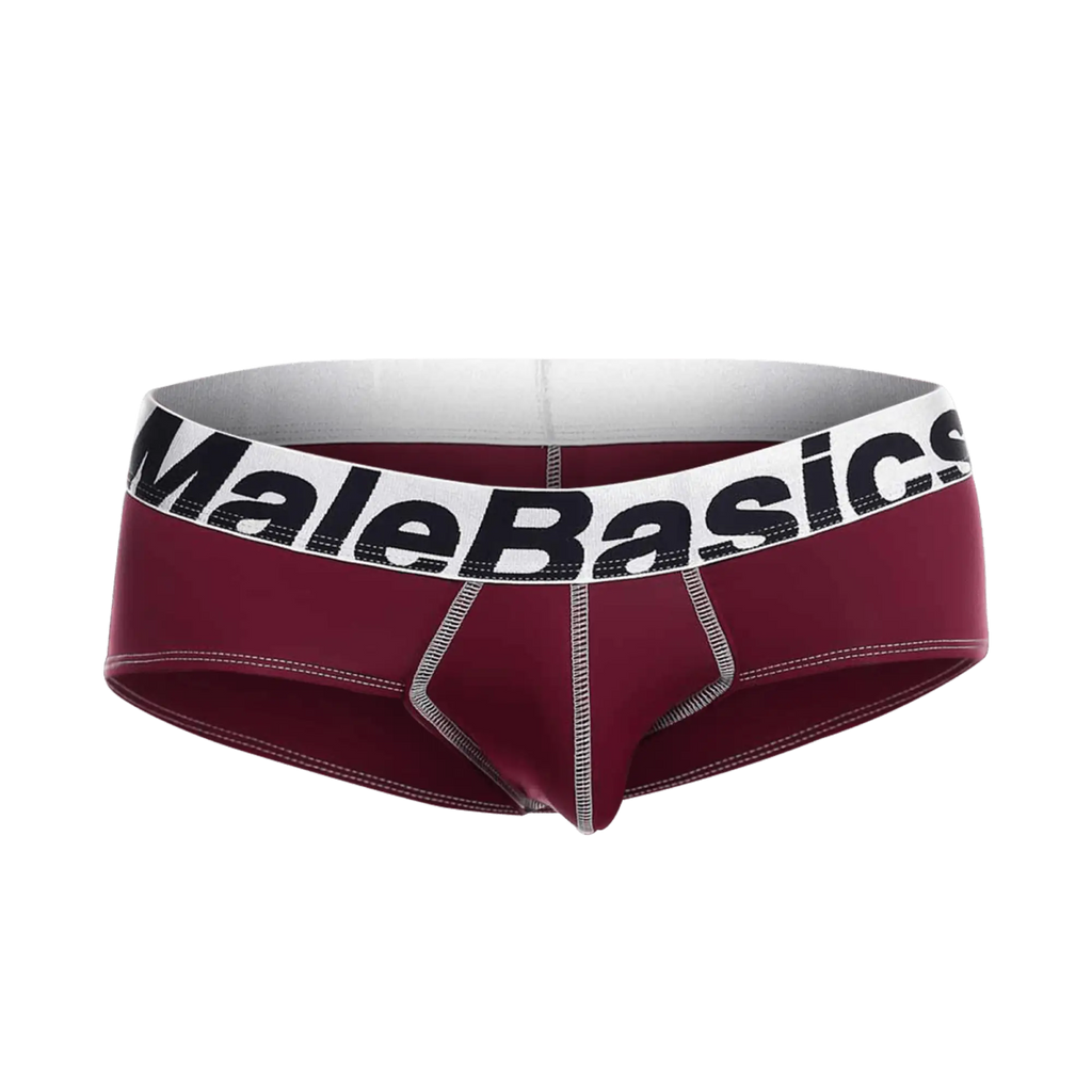 Maroon malebasics microfiber briefs with white waistband black lettering and silver stitching front view
