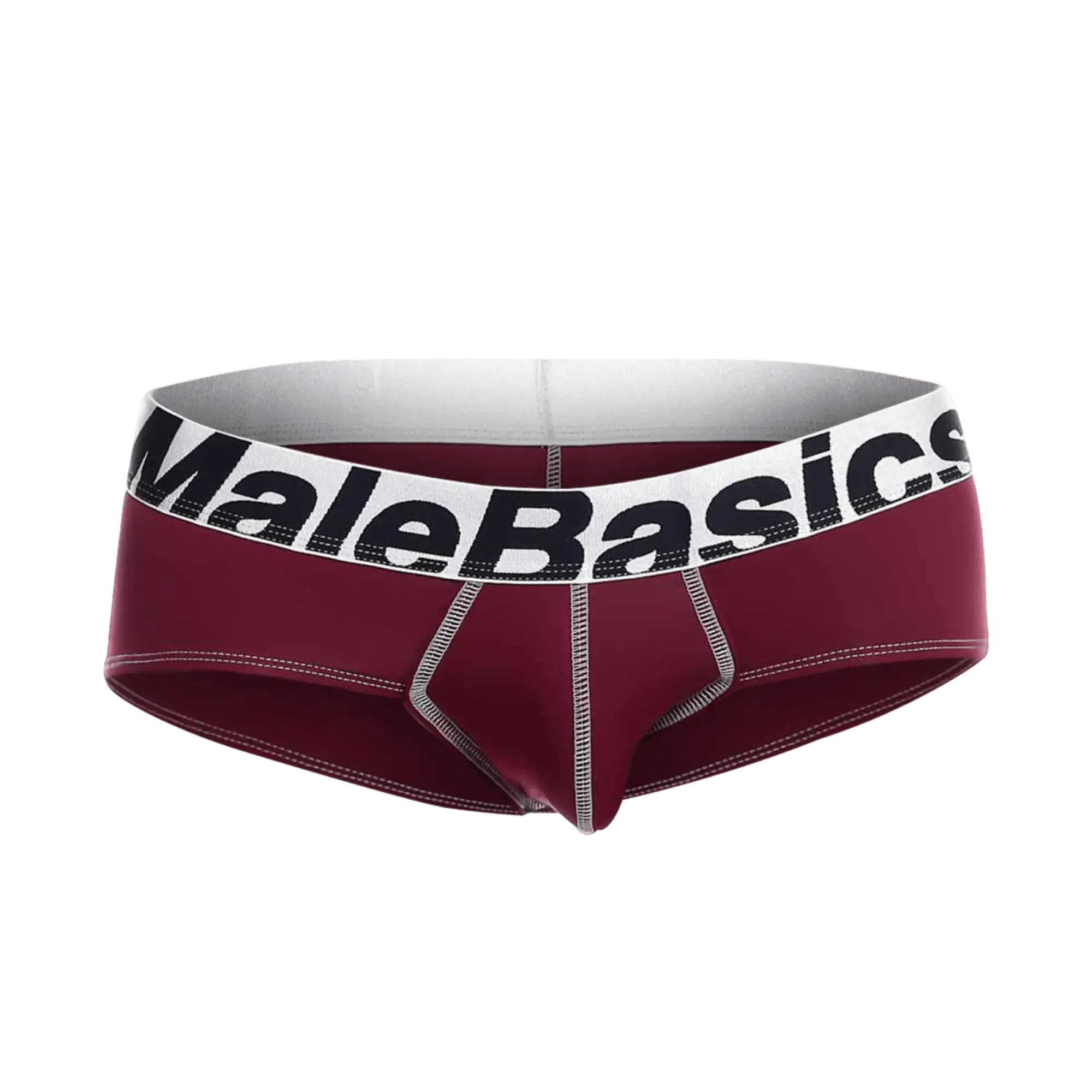 Maroon malebasics microfiber briefs with white waistband black lettering and silver stitching front view