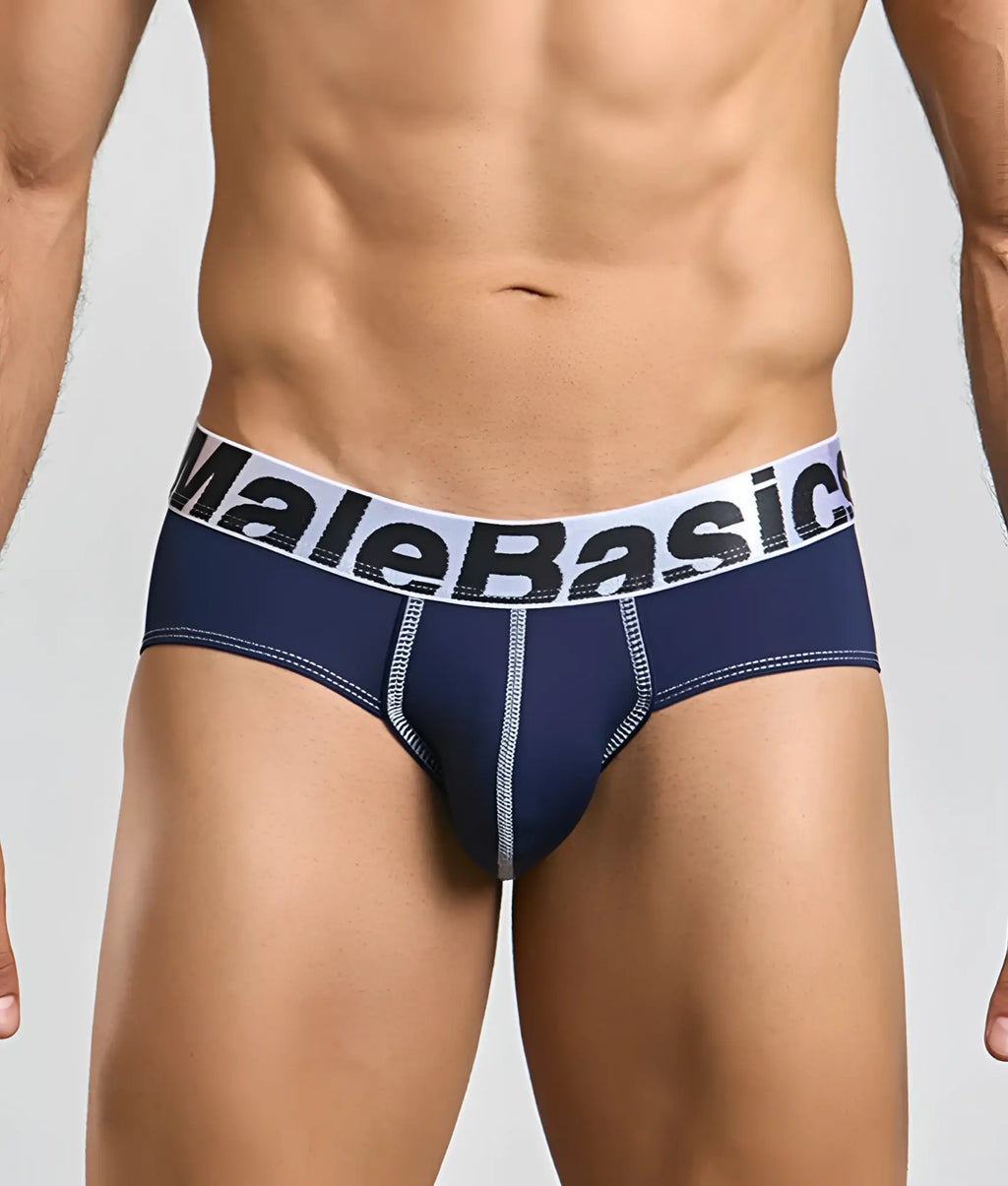 MaleBasics microfiber briefs in navy blue with white waistband and light gray stitching visible from the back side