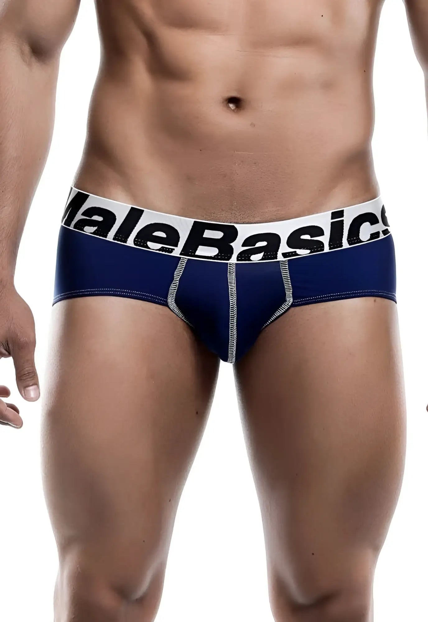 Navy blue malebasics microfiber briefs with white waistband black lettering and silver stitching along the seams