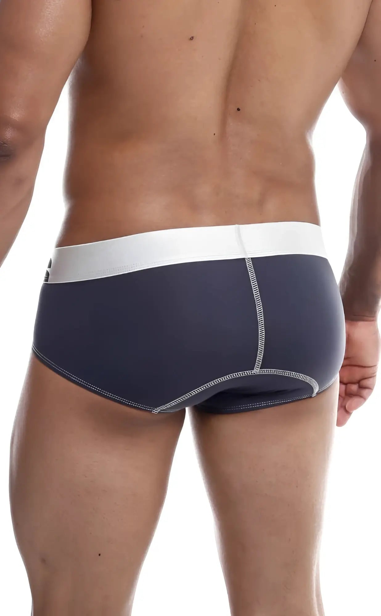 Navy blue MaleBasics microfiber briefs with white waistband and light gray stitching along the seams