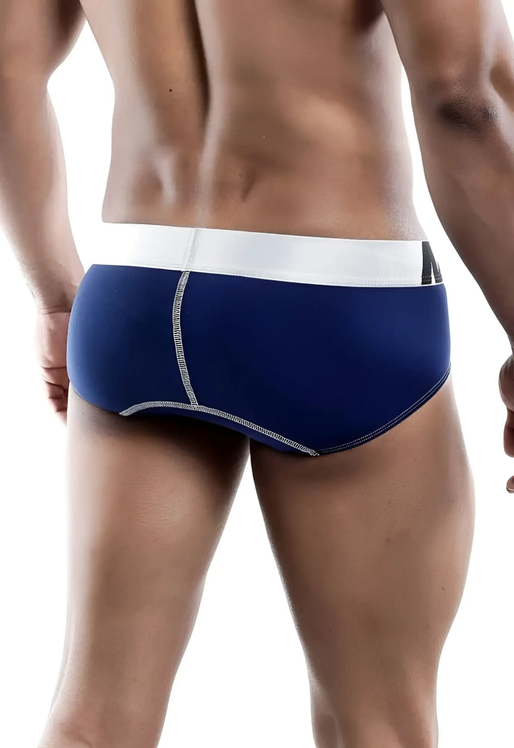 Malebasics microfiber brief in navy blue with white waistband and silver stitching along the seams