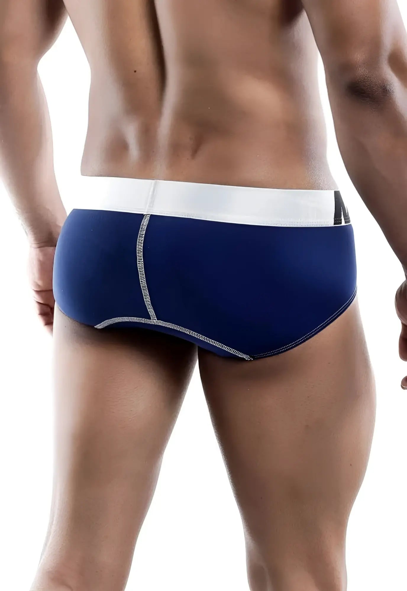 Malebasics microfiber brief in navy blue with white waistband and silver stitching along the seams