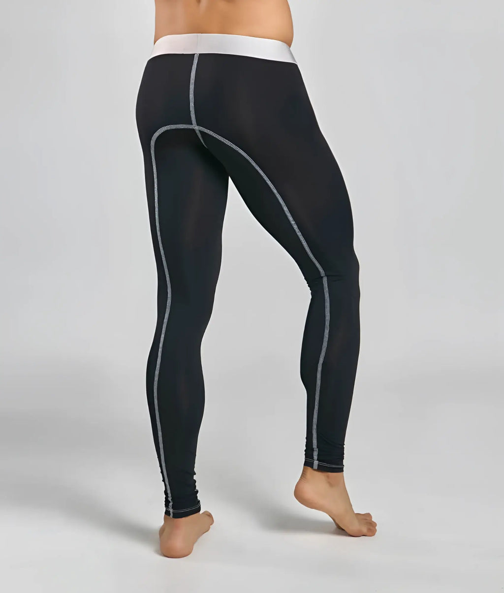 MaleBasics microfiber longjohn black athletic leggings with white elastic waistband and subtle gray side stitching