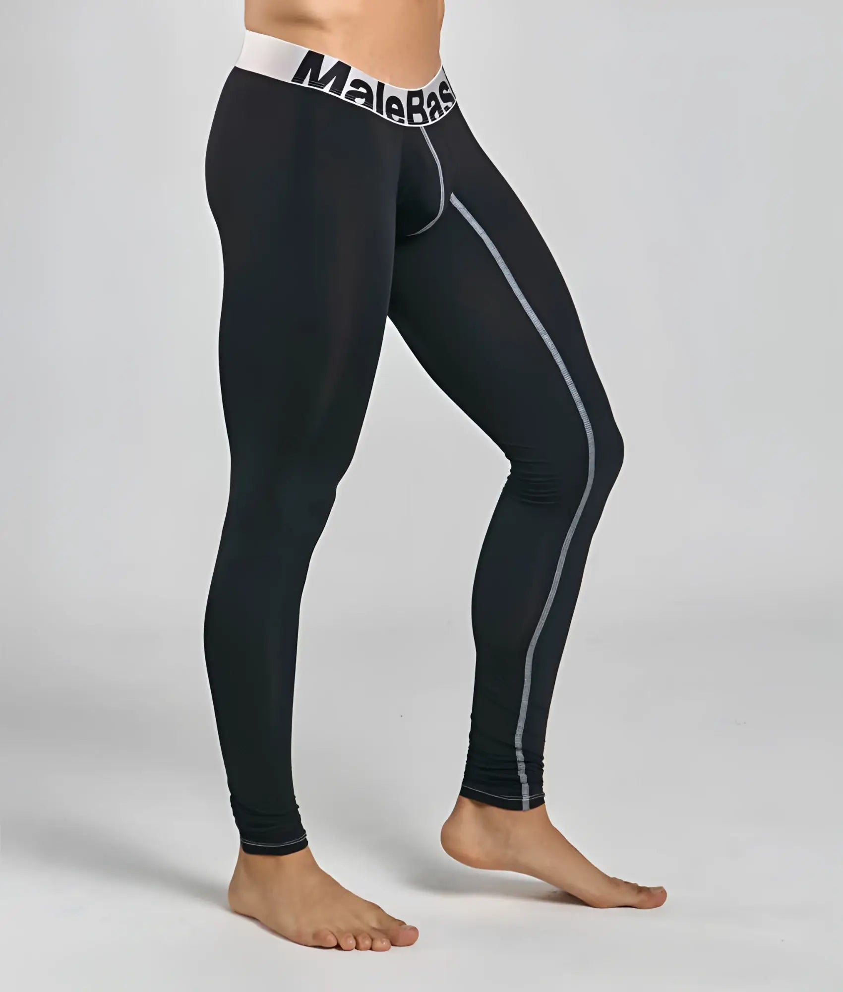 Black malebas microfiber compression leggings with white side stripes and branded waistband from malebas longjohn collection