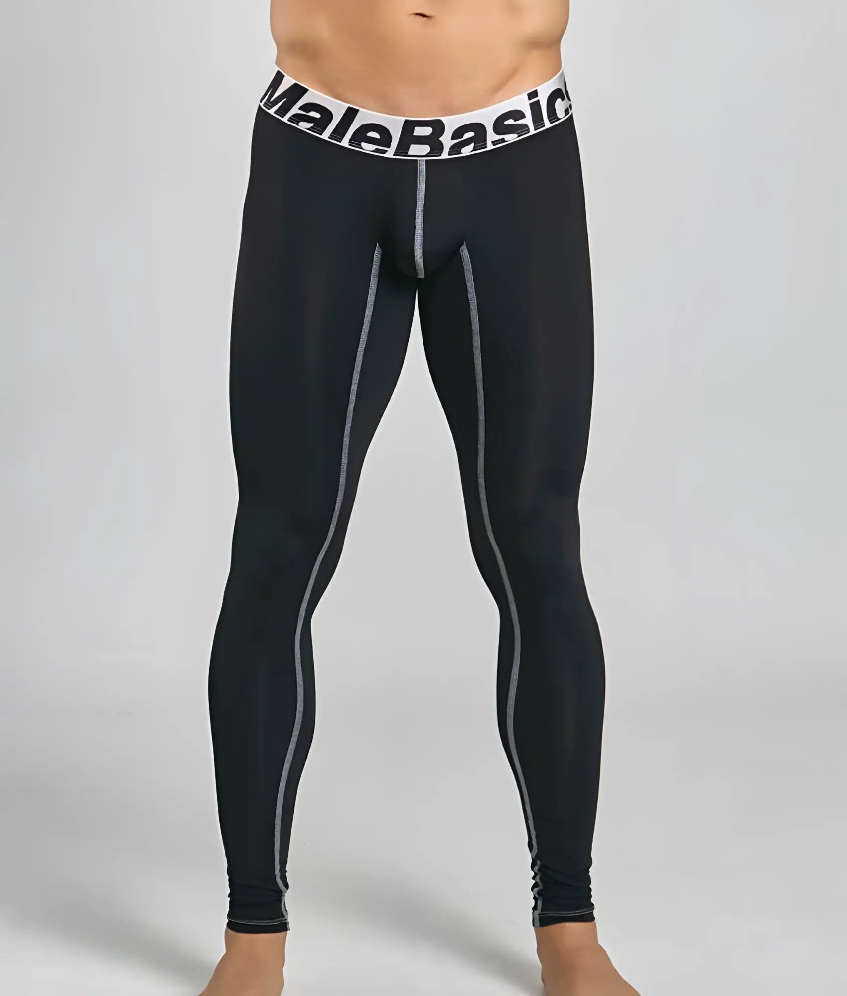 MaleBasics microfiber longjohn black compression leggings with gray side panels and white waistband with brand name