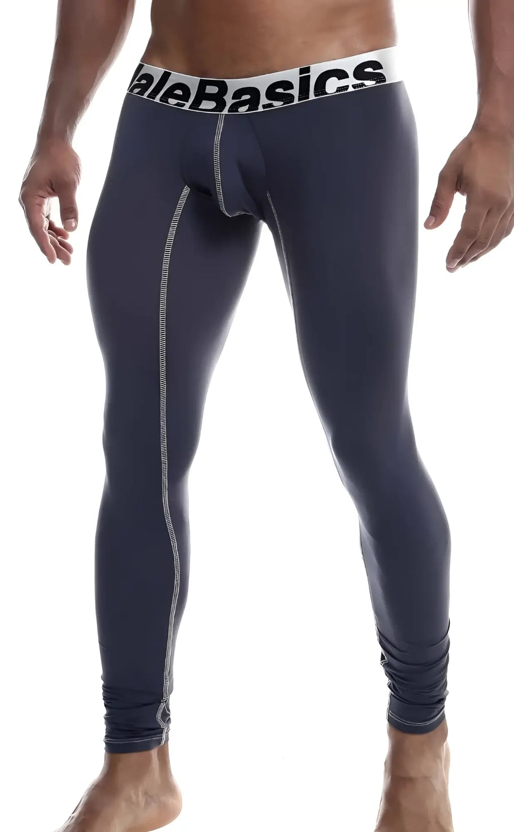 Dark gray male basics microfiber longjohn leggings with white stitching and contrasting white waistband featuring alebasics branding