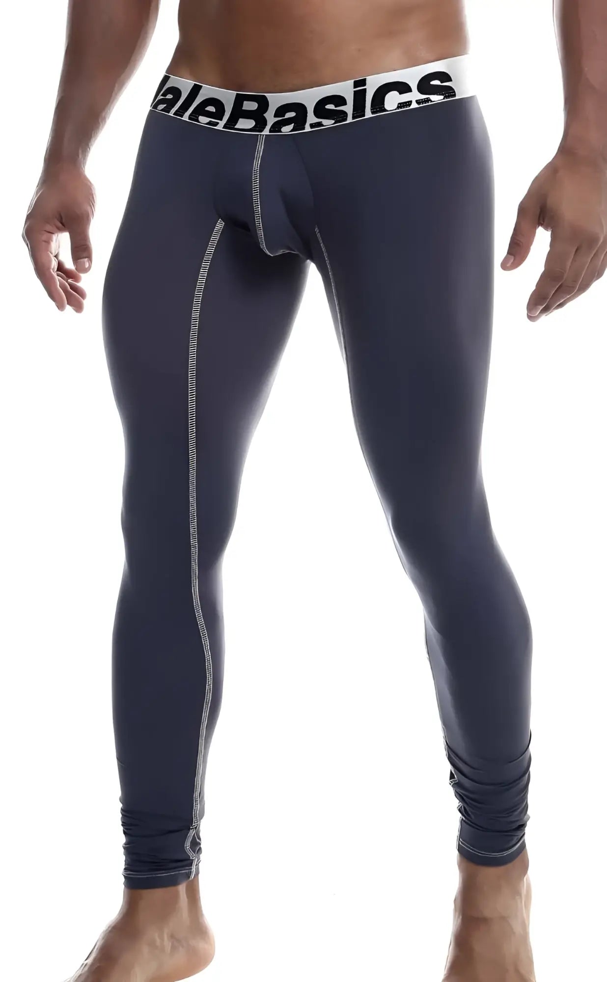 Dark gray male basics microfiber longjohn leggings with white stitching and contrasting white waistband featuring alebasics branding