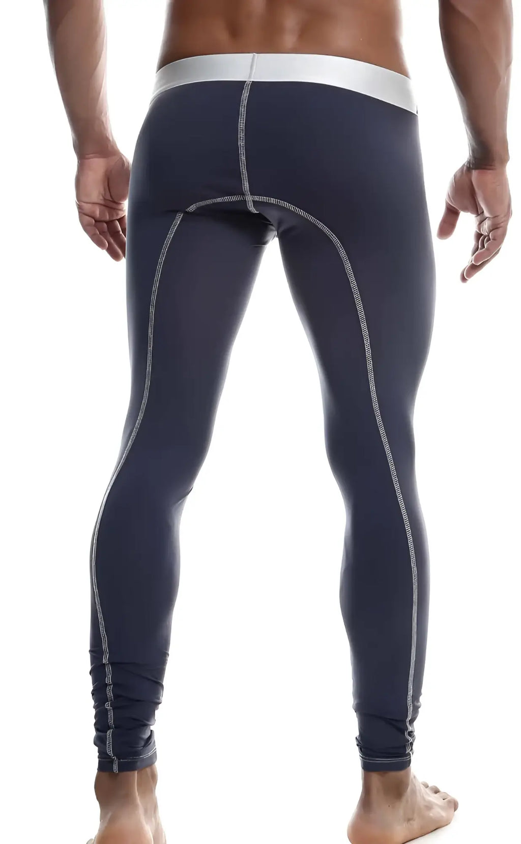 MaleBasics microfiber longjohn dark navy blue compression leggings with white stitching and contrasting white waistband