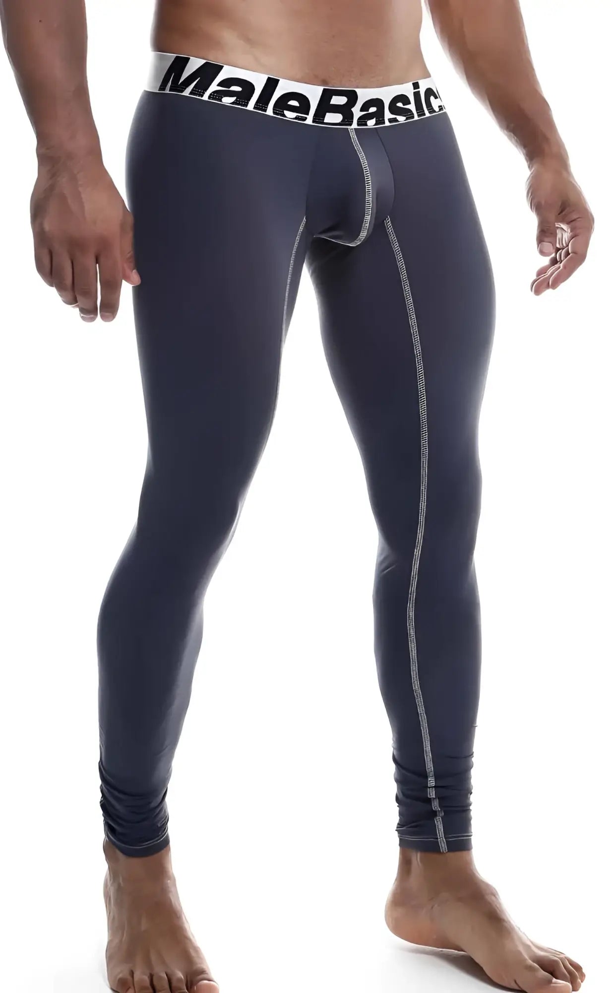 Malebasics microfiber longjohn dark navy compression tights with white waistband and light gray stitching visible