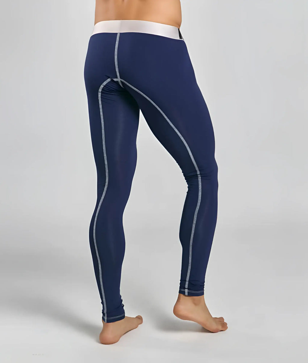 Malebasics microfiber navy blue compression longjohn leggings with white stitching and contrasting waistband
