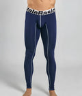 MaleBasics microfiber longjohn navy blue compression tights with white elastic waistband and gray seam detailing