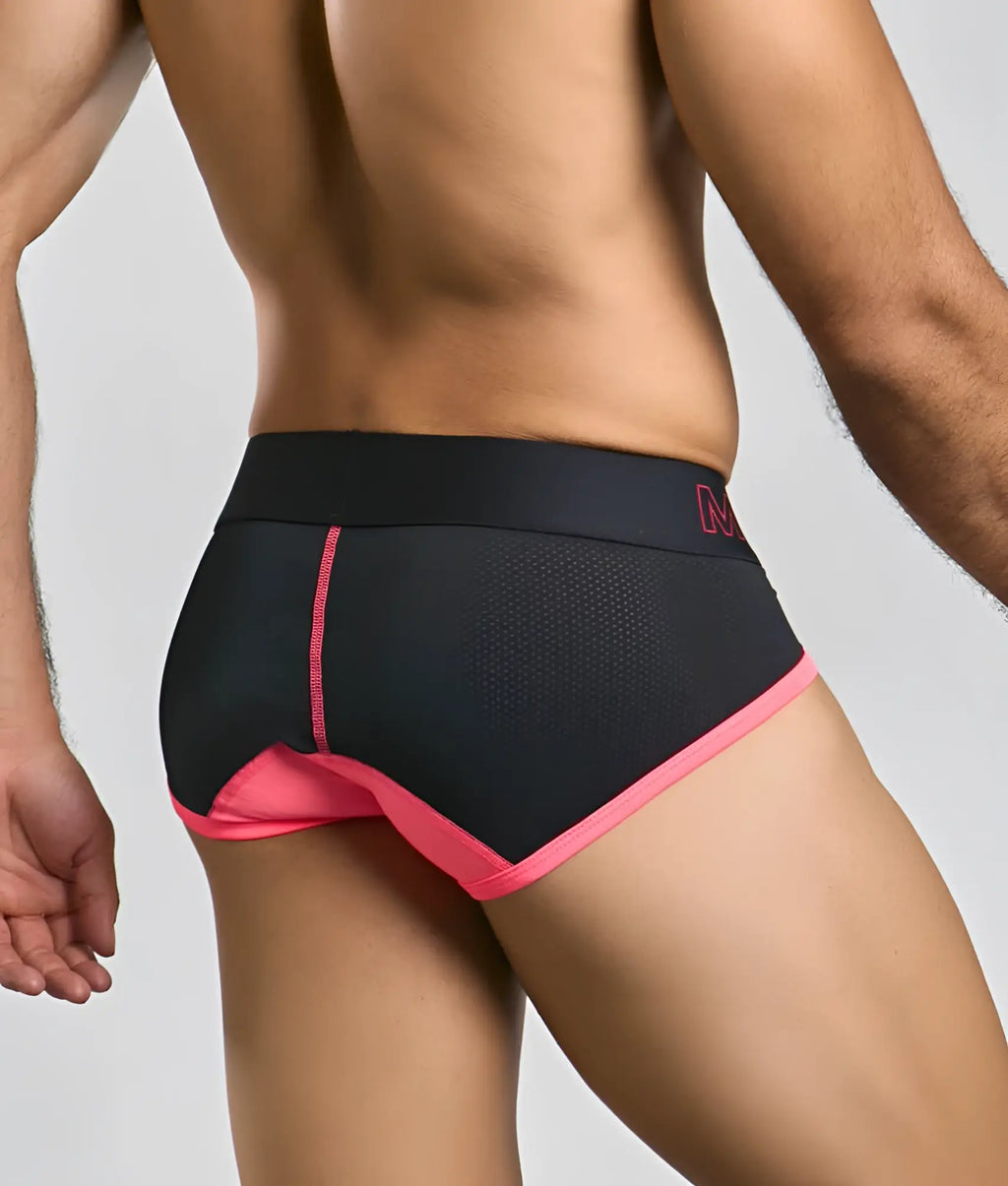 MaleBasics neon brief black athletic briefs with vibrant pink mesh trim and subtle logo on waistband