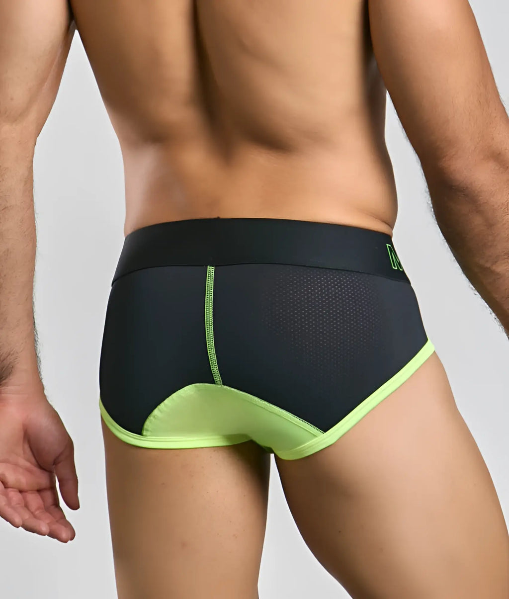 MaleBasics neon brief black and neon green athletic briefs with mesh panel and elastic waistband for active wear