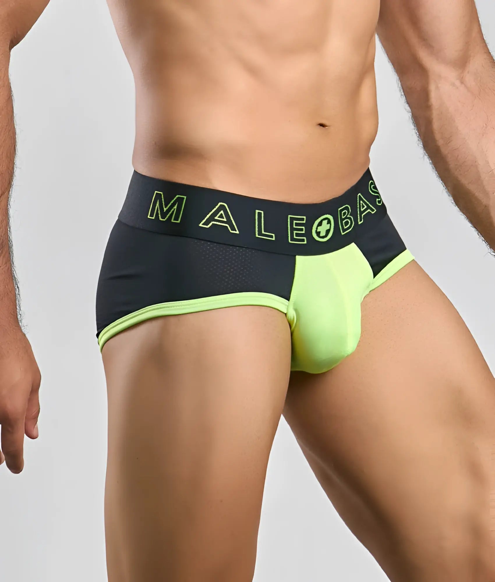 Black and neon green malebasics neon brief athletic briefs with mesh waistband and malebase logo