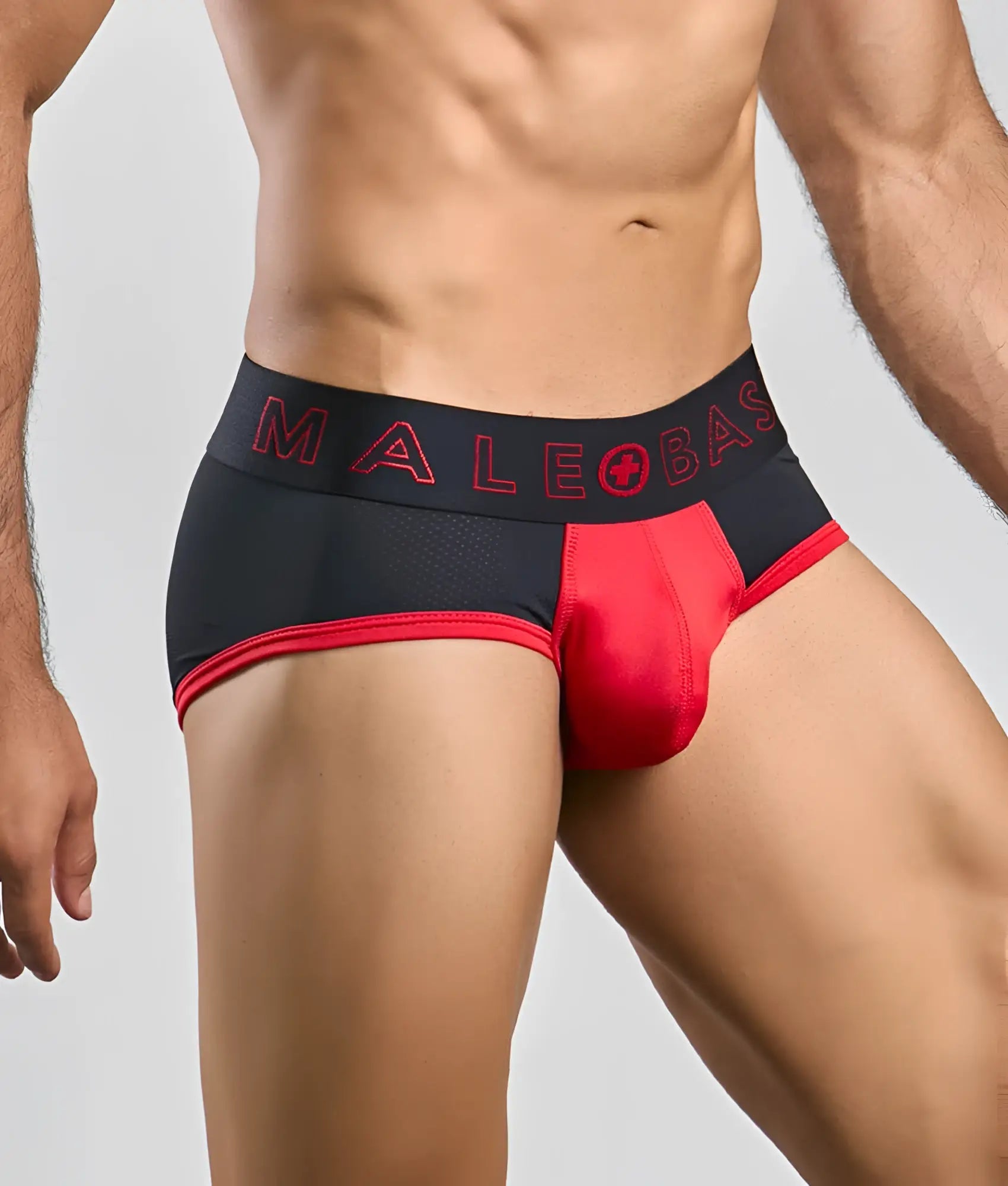 Black and red malebasics neon brief with mesh waistband and red malebase logo athletic briefs