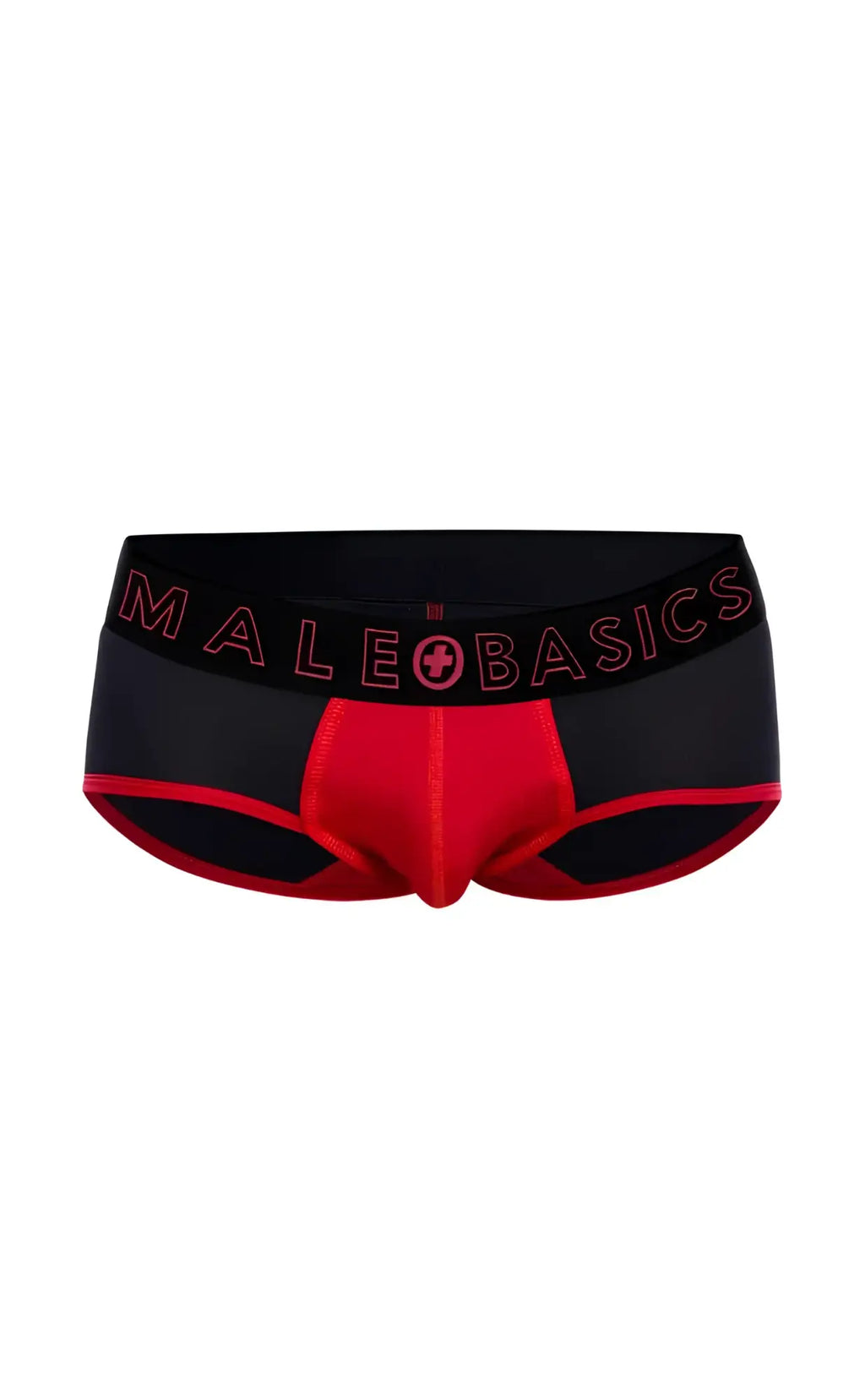 Black and red malebasics neon briefs with bold logo waistband in comfortable stretch fabric for everyday wear