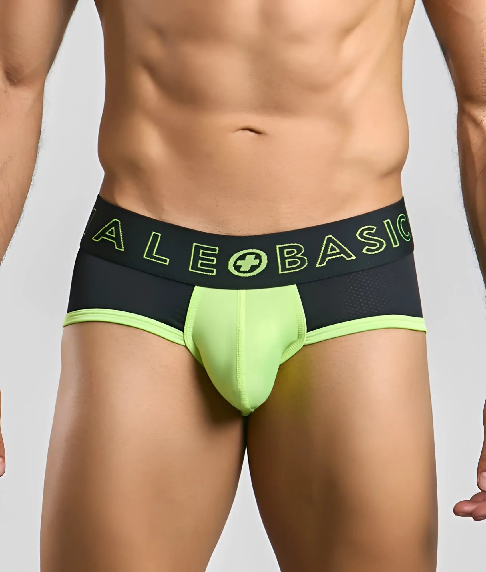 Malebasics neon brief in neon green and black athletic briefs with mesh waistband and alebasic logo in neon green