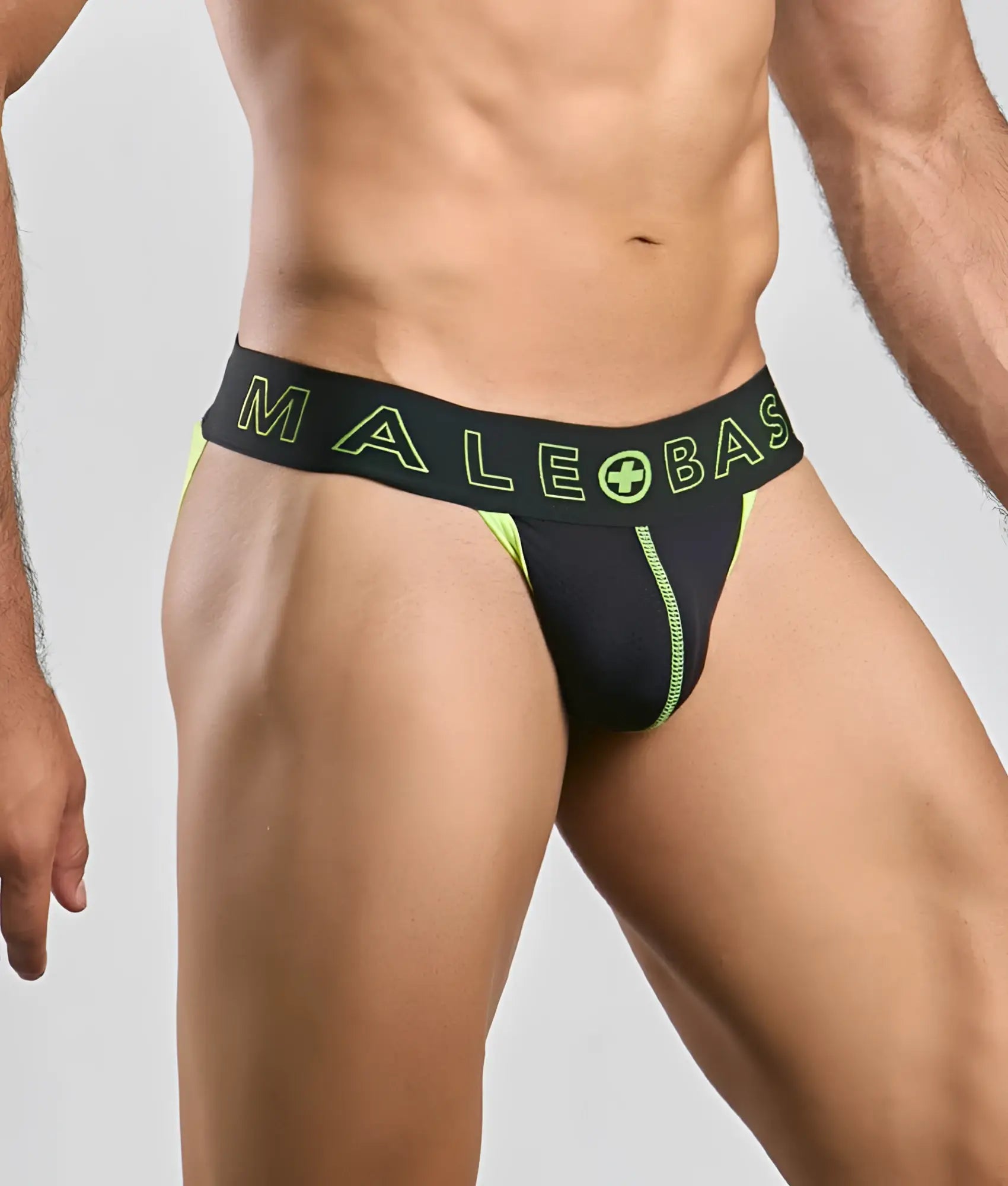 Malebasics neon jock athletic briefs in black and neon green with a bold logo waistband for active wear