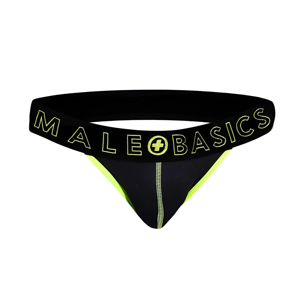 Black and neon green male basics thong with bold logo band showing back side in neon jock new colors collection