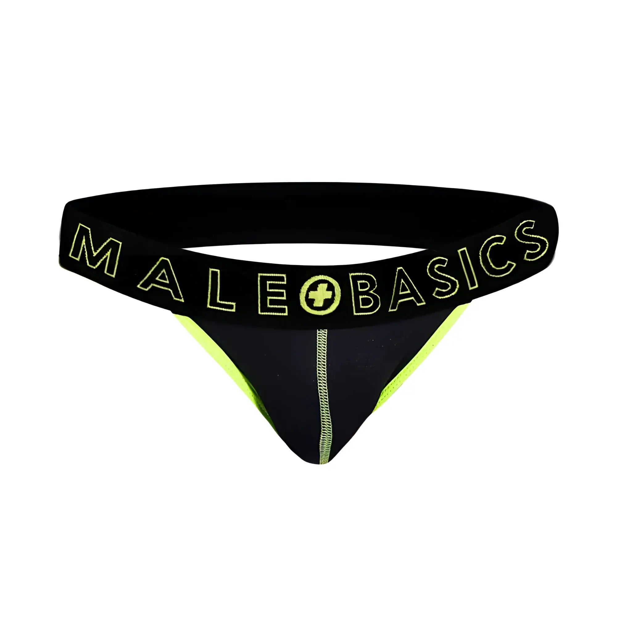 Black and neon green male basics thong with bold logo band showing back side in neon jock new colors collection