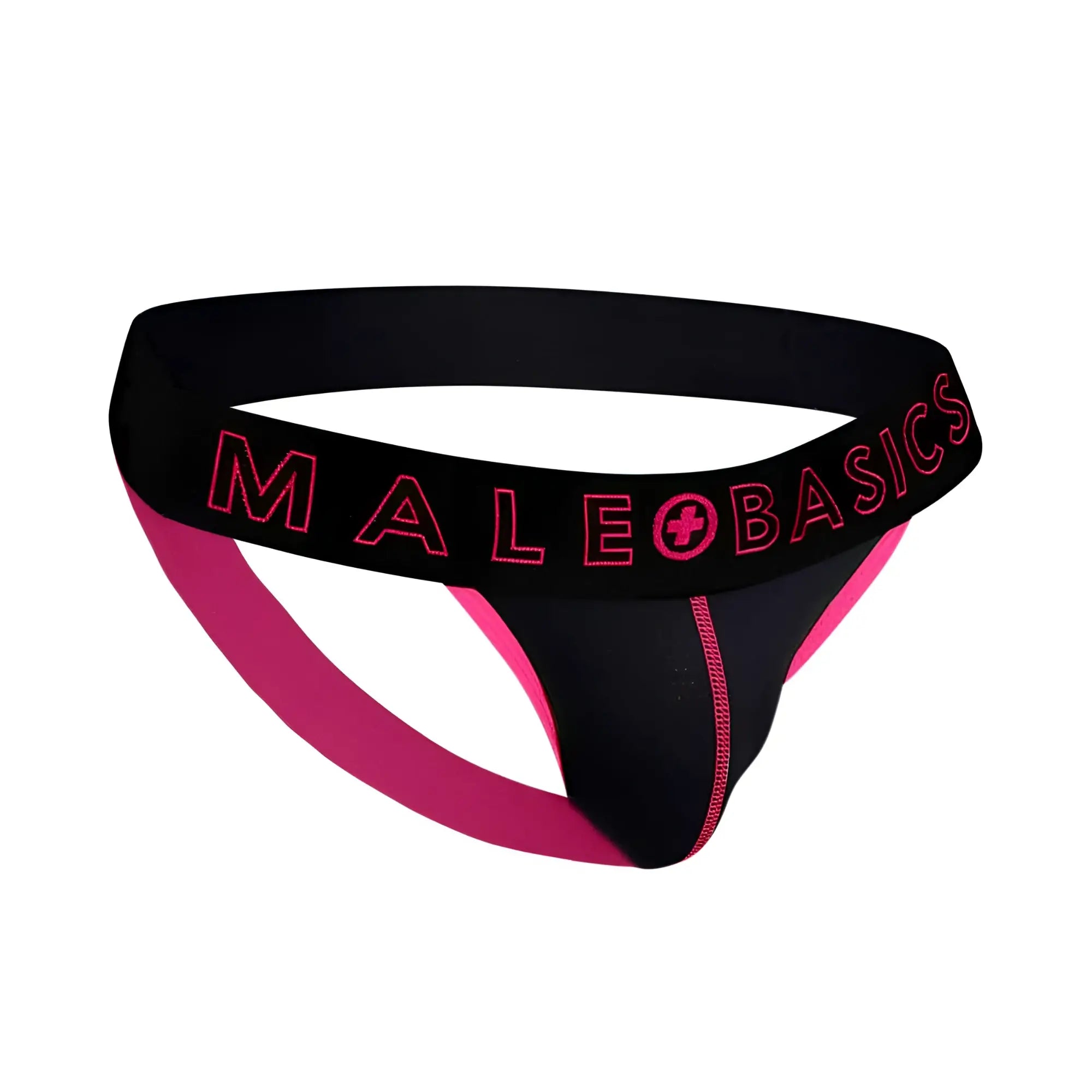 Black and pink male basics neon jock thong with bold logo trim showing the back side of the product
