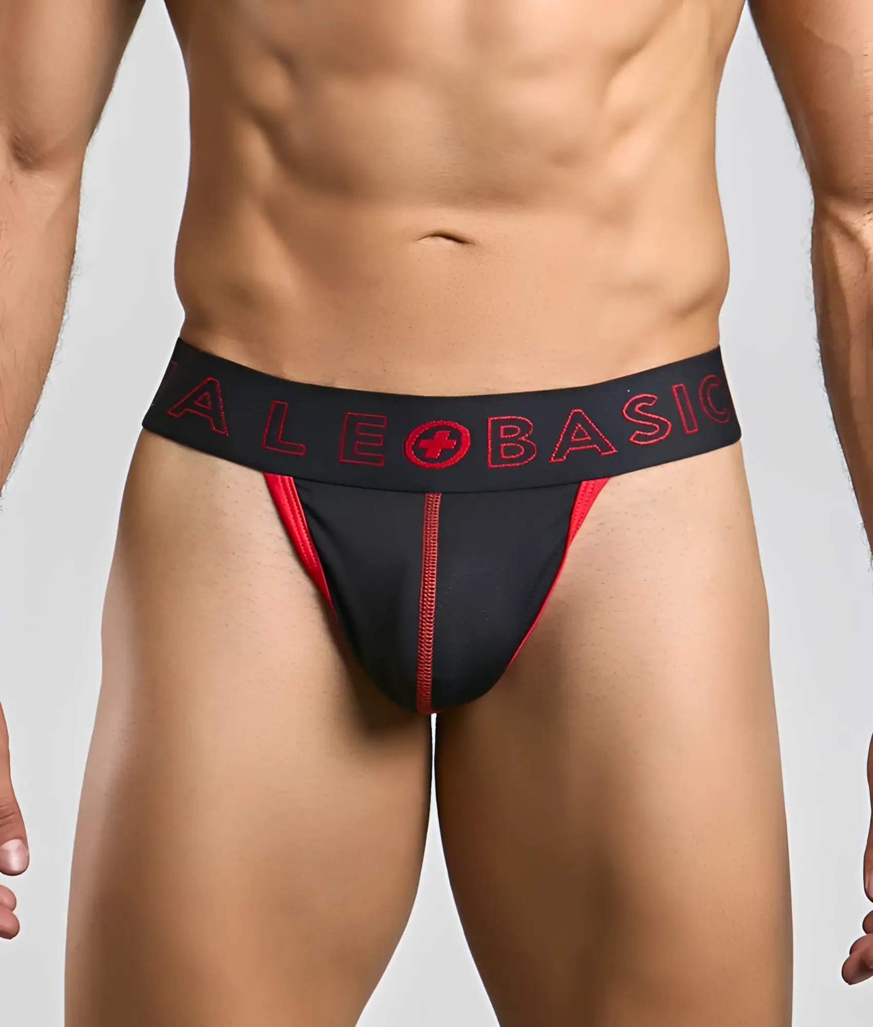 Black and red ale basic athletic briefs with bold logo band from Malebasics neon jock new colors collection