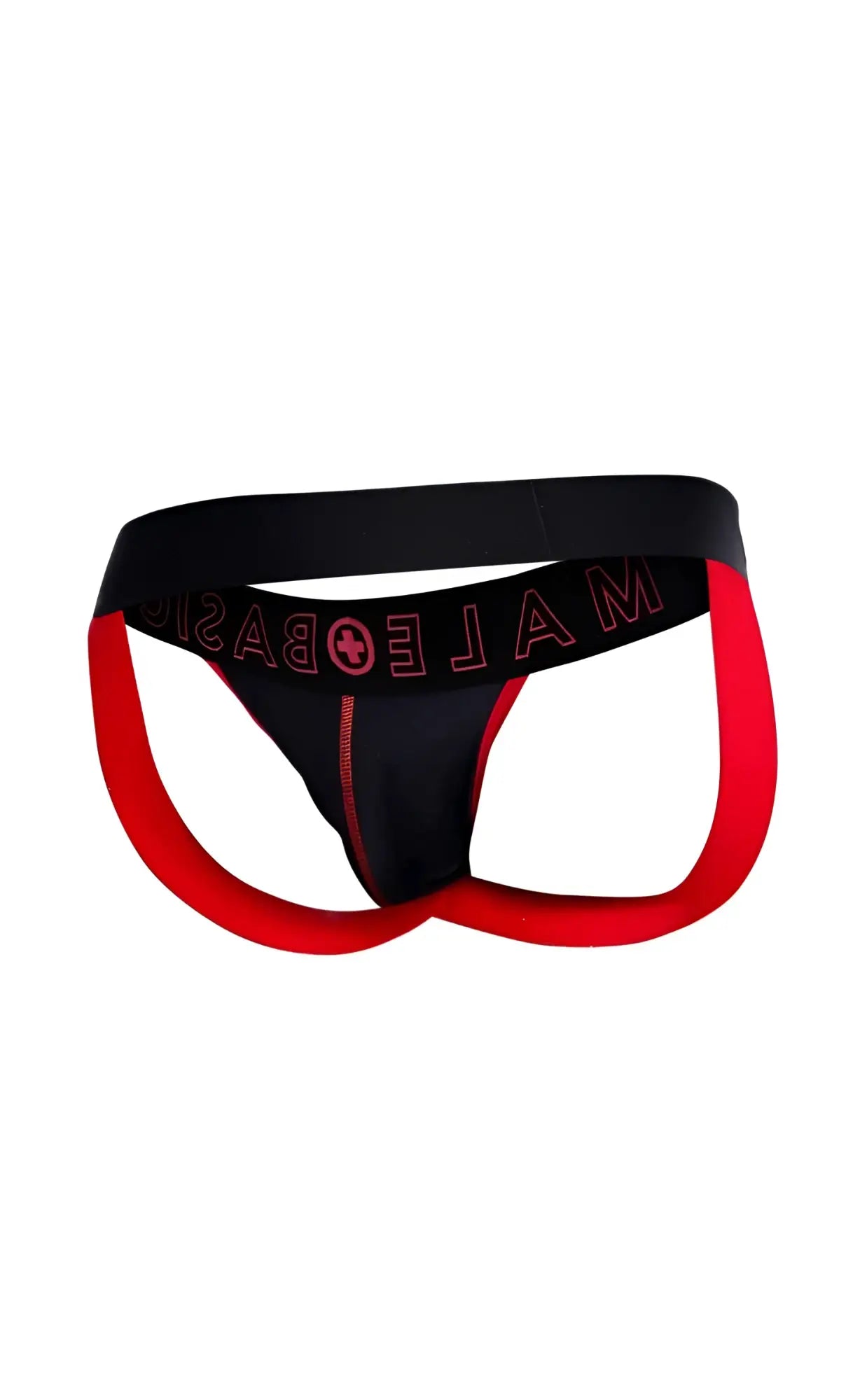 Black and red male briefs with bold design and pink male basic branding on waistband from MaleBasics Neon Jock New Colors
